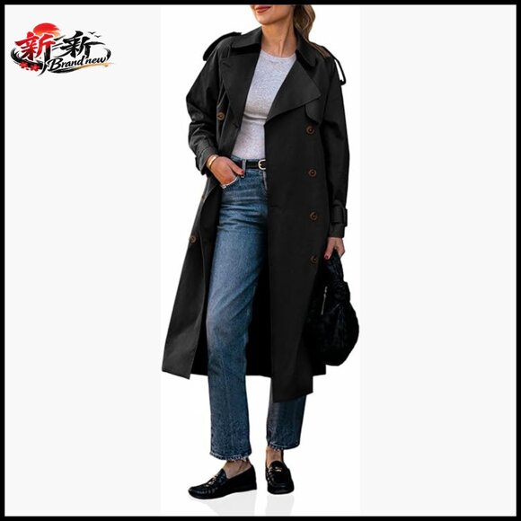 Jackets & Blazers - Long Trench Coat Double Breasted Classic Lapel Overcoat with Belt